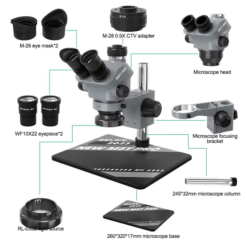 Microscopio Trinocular Relife Rl-M5T Pro B11 7-50X - Con Base Metal + Aro Led Relife Rl-033D